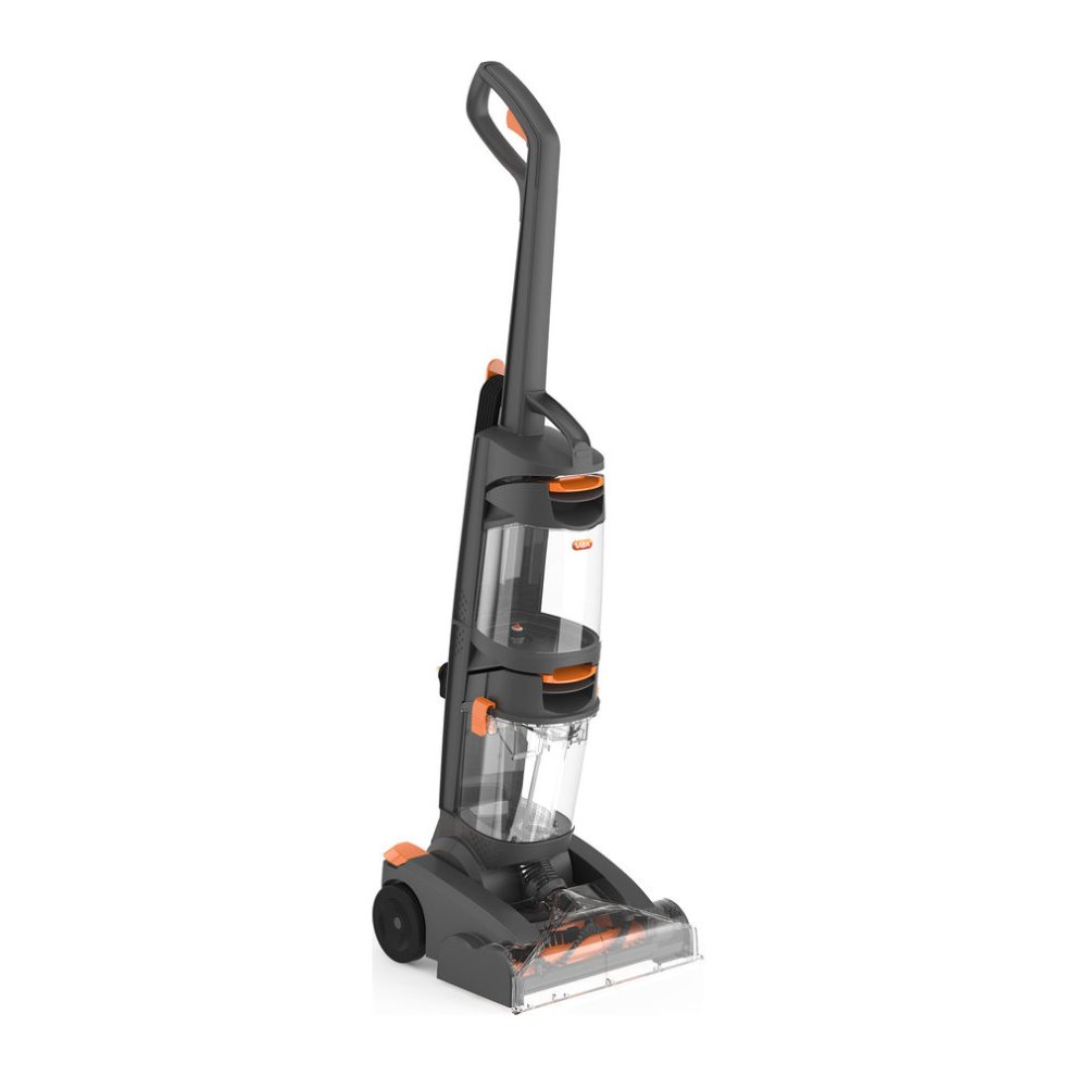 Vax W86-DP-B Dual Power Carpet Washer in orange and gray, featuring a transparent dual tank design, ergonomic handle, and a wide cleaning head for effective carpet cleaning.
