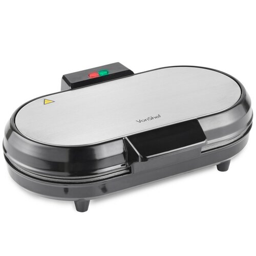 Black dual round waffle maker with a stainless steel top, indicator lights, and a sleek design, featuring a sturdy handle and non-slip feet for stability.