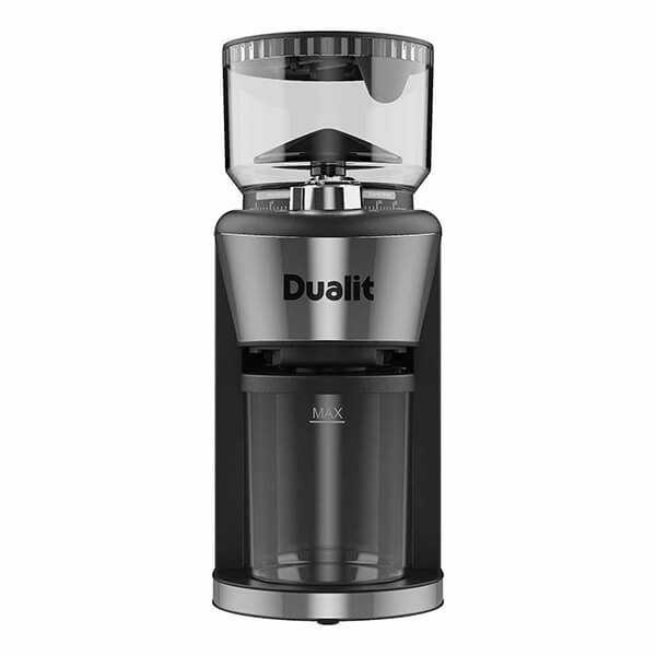 Black Dualit 75017 Burr Coffee Grinder featuring a transparent hopper, stainless steel accents, and a glass container for ground coffee, with adjustable grind settings.