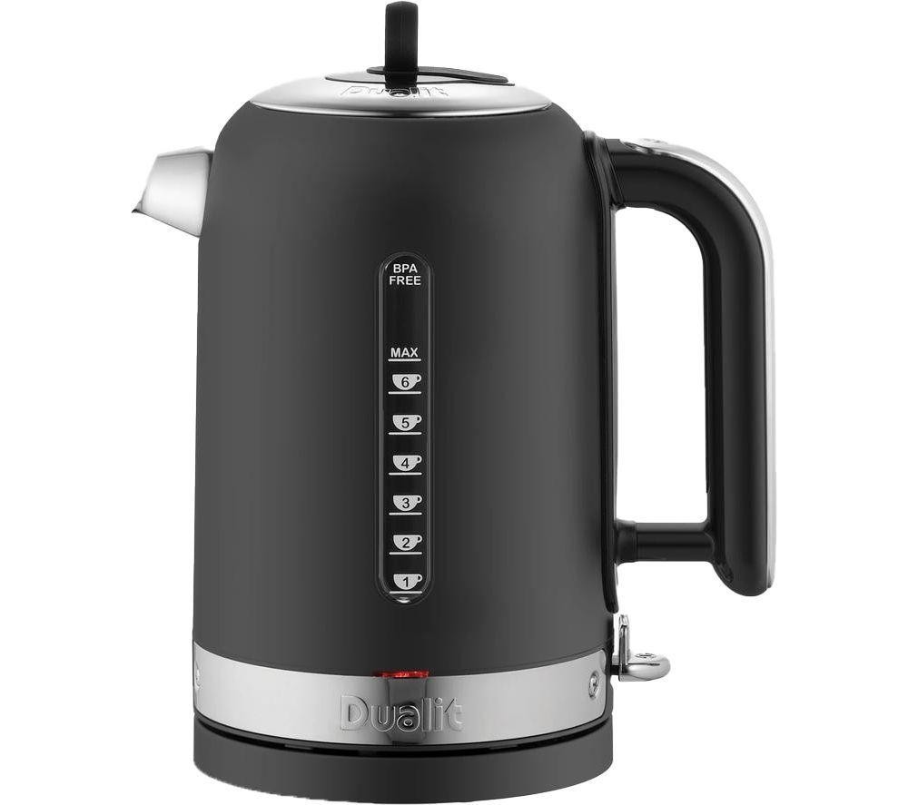 Matt black stainless steel kettle with a sleek design, featuring a clear water level indicator, a black handle, and a chrome base with a red power light.