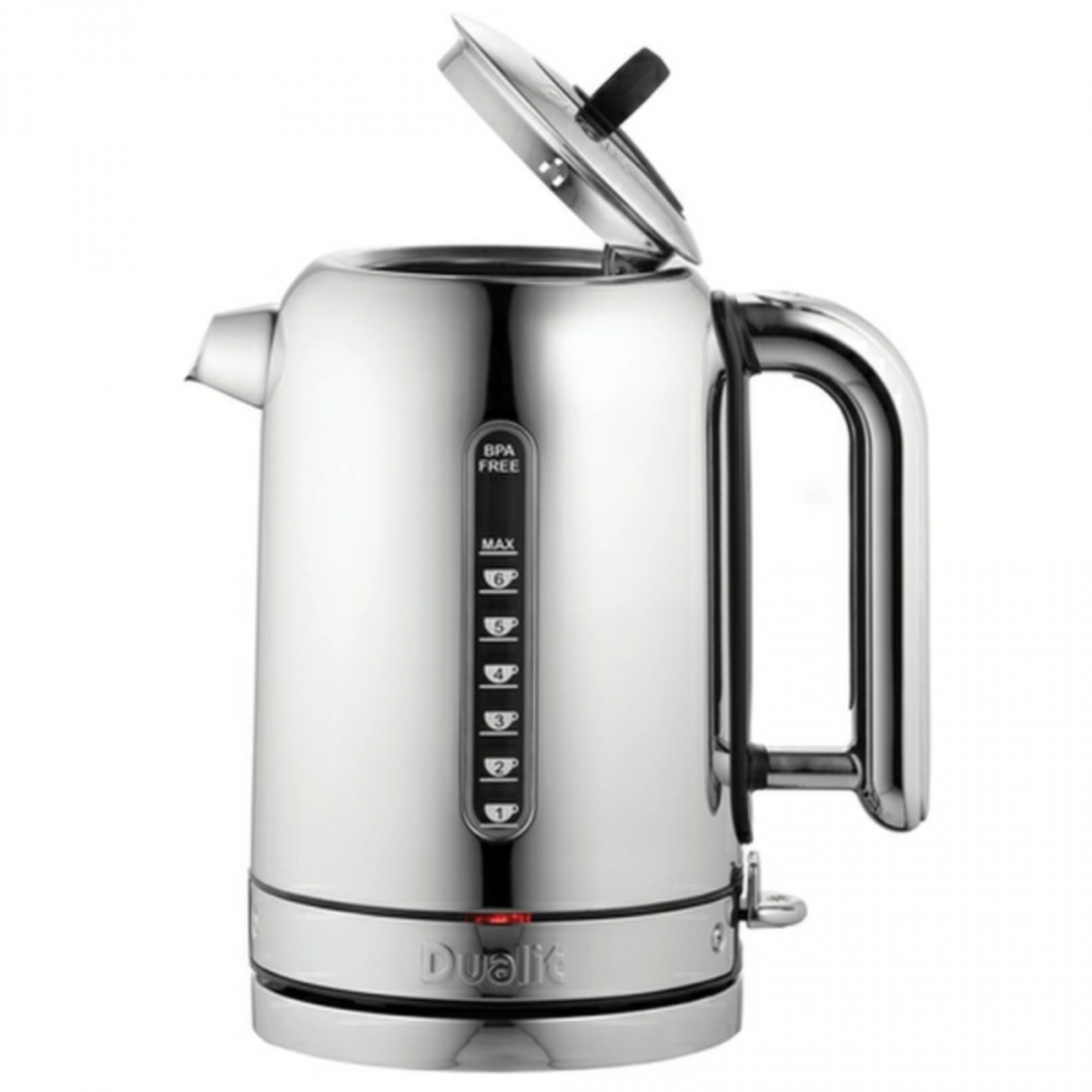 Polished stainless steel kettle with a sleek design, featuring a black handle, a removable lid, and a water level indicator on the front.