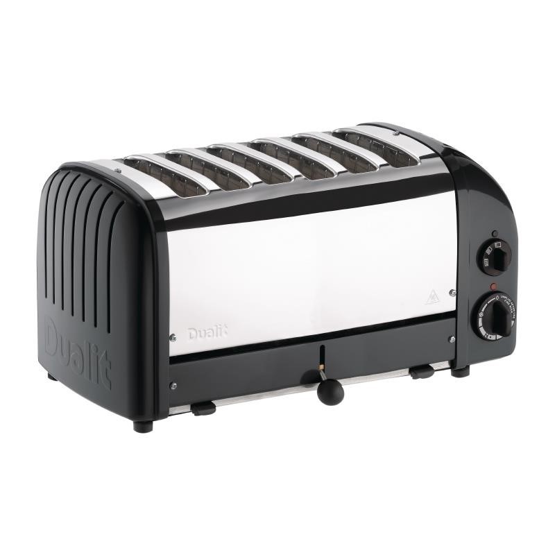 Dualit 6 Slice Vario Toaster in black and stainless steel, featuring a sleek design, six slots, adjustable browning control, and a classic round knob for easy operation.