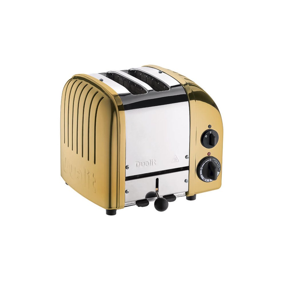 Brass and stainless steel Dualit Classic Vario AWS toaster with two slots, featuring a control dial, lever, and iconic ribbed design.