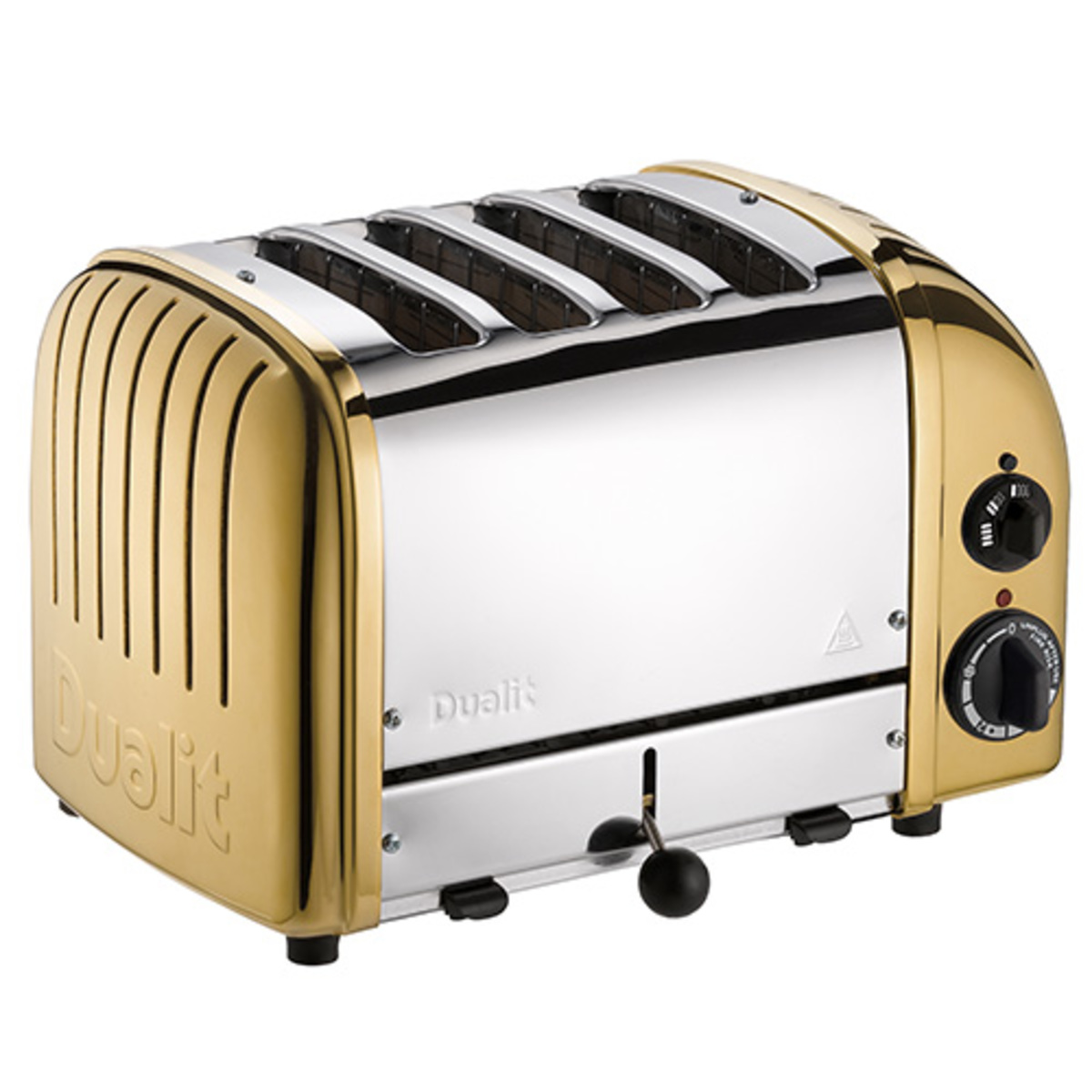 Brass and chrome Dualit Classic Vario AWS 4-slot toaster features a sleek design, adjustable browning control, and a retro-style finish with a prominent logo.