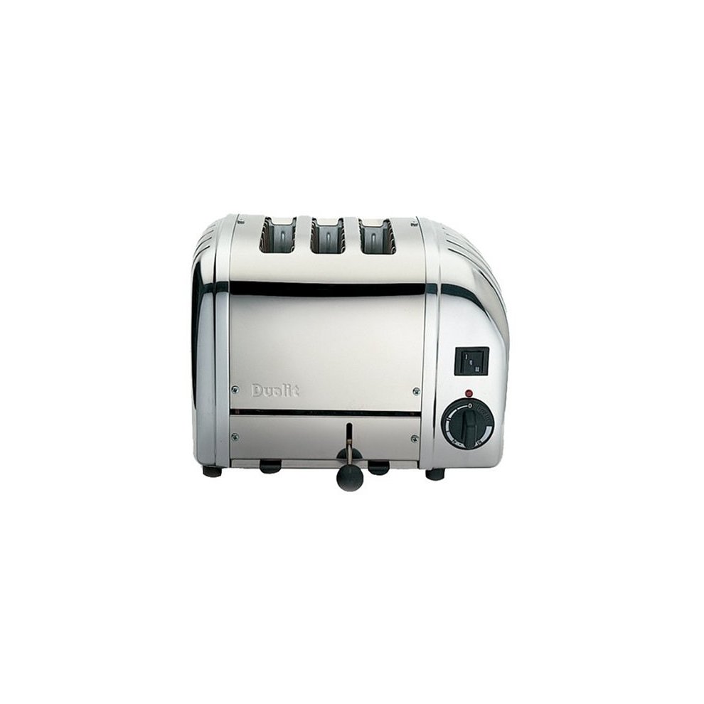 Stainless steel Dualit 2 + 1 Combi Vario 3 Slice Toaster with three slots, a black dial, and a lever for easy toasting control.