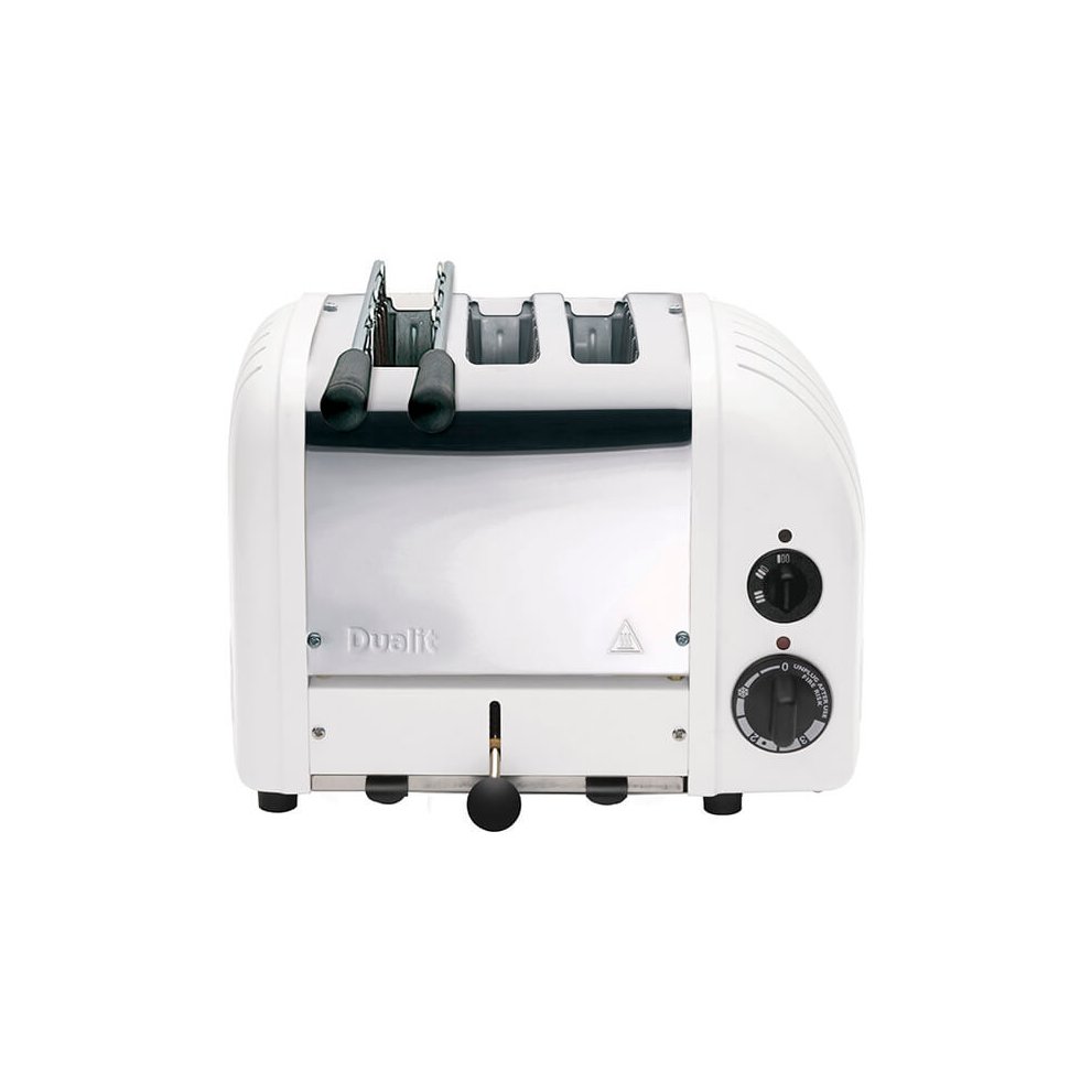 White Dualit 2 + 1 Combi Vario 3 Slice Toaster features a sleek chrome front, two slots for toasting, a bun warmer, and adjustable browning control.