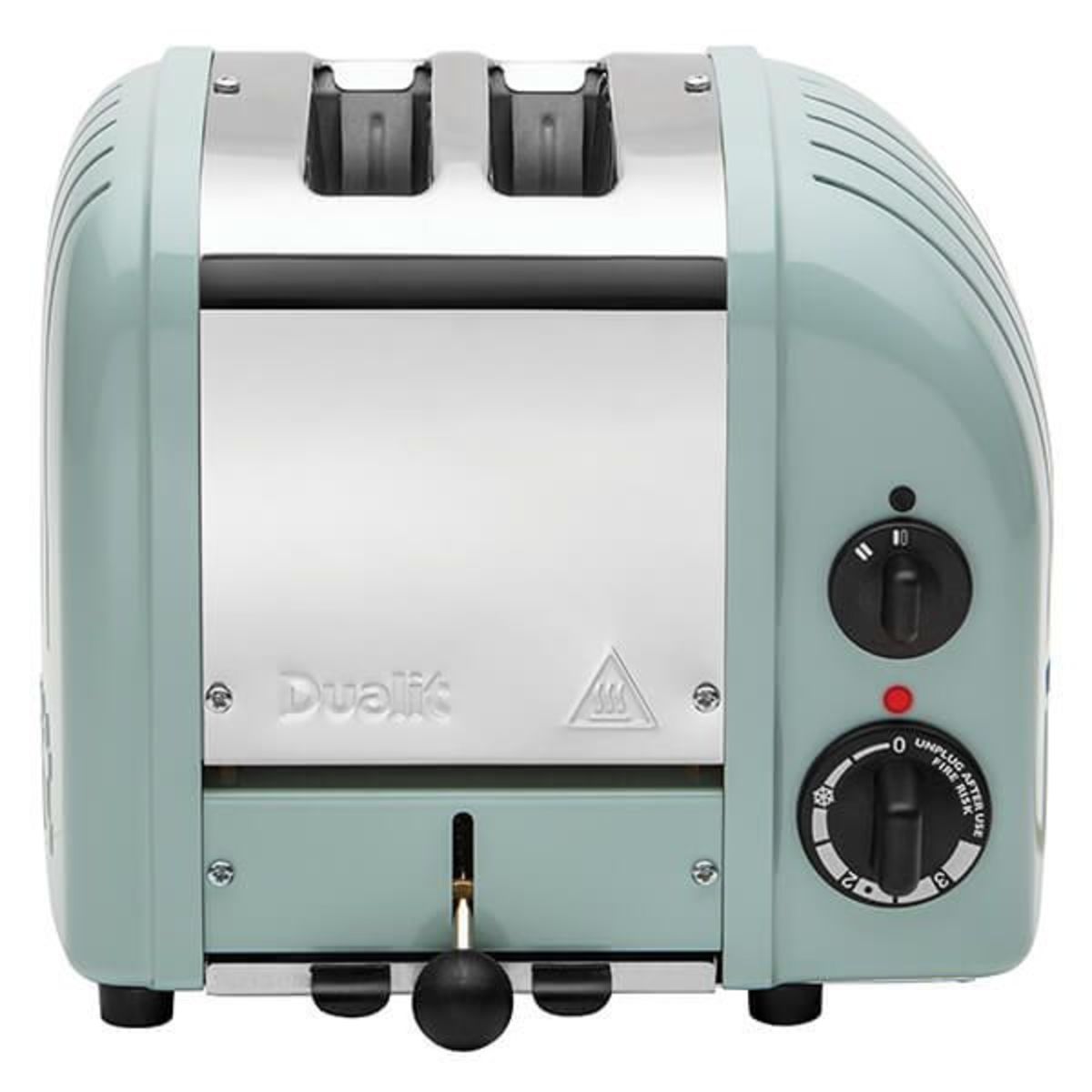 Dualit Classic Vario AWS Eucalyptus toaster in mint green with stainless steel accents, featuring two slots, a control dial, and a lever for easy toasting.