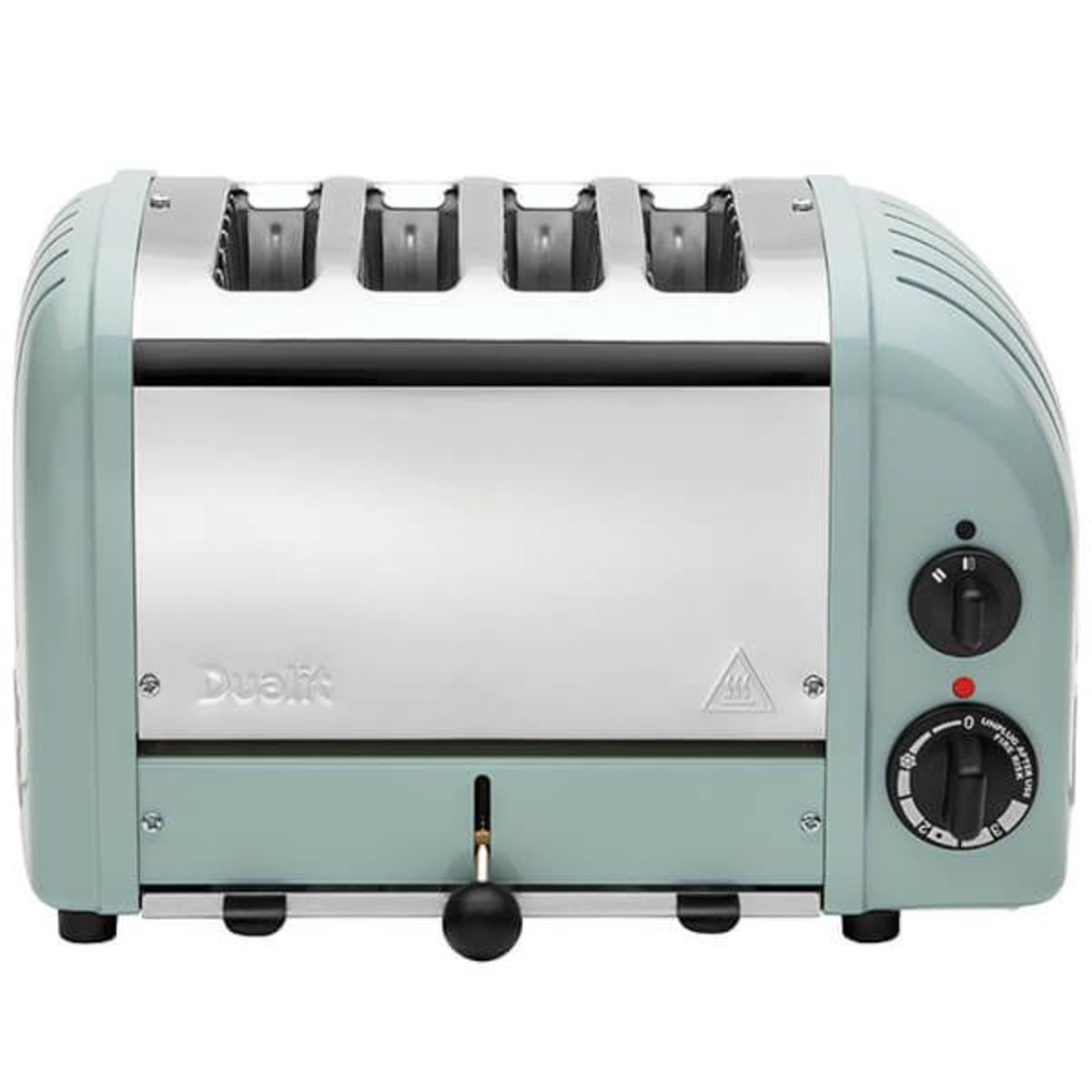 Classic Vario AWS Eucalyptus 4-slot toaster in mint green with stainless steel accents, featuring a control dial, lever, and four wide slots for various bread types.