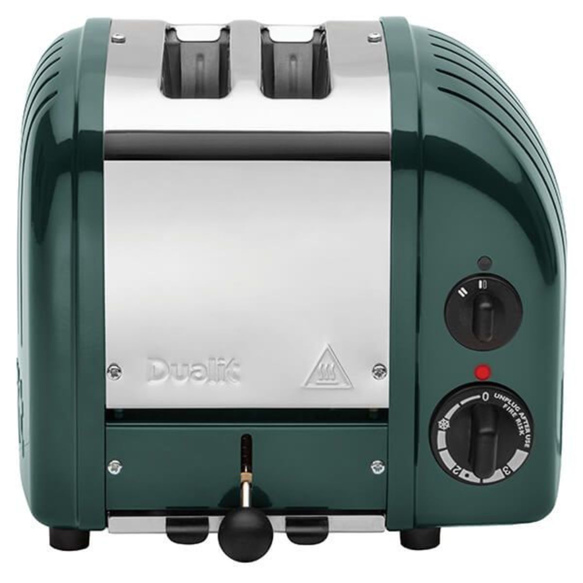 Green and chrome Dualit Classic Vario AWS Evergreen 2 Slot Toaster featuring a retro design, adjustable browning control, and a unique eject lever.