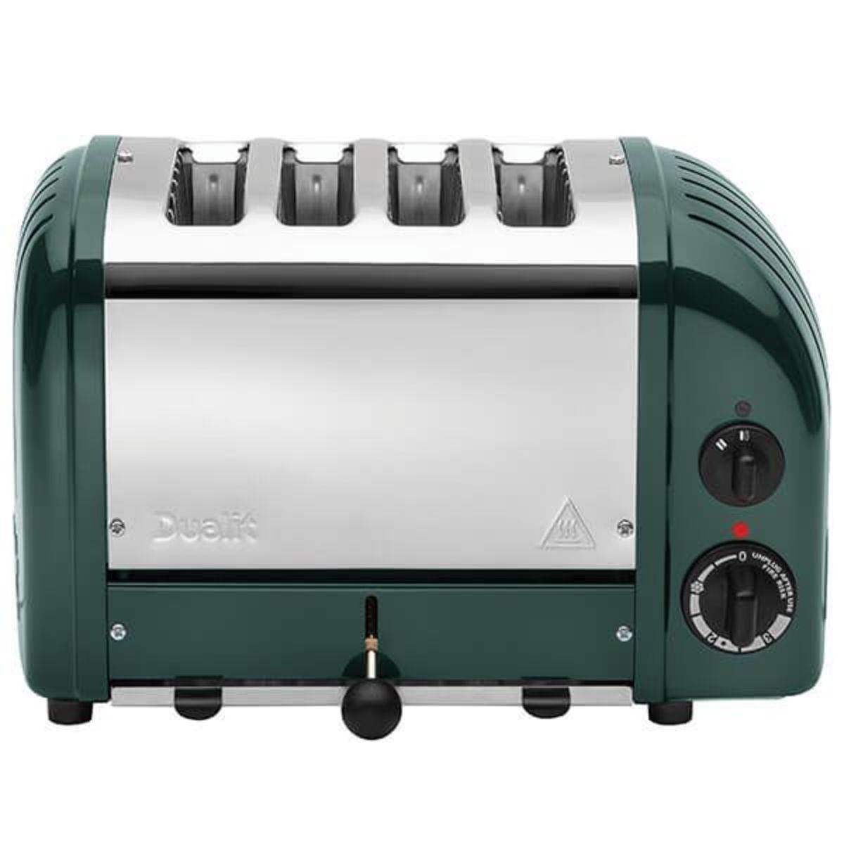 Green and stainless steel Dualit Classic Vario AWS Evergreen 4 Slot Toaster featuring a chrome finish, adjustable dial, and a lever for toasting control.