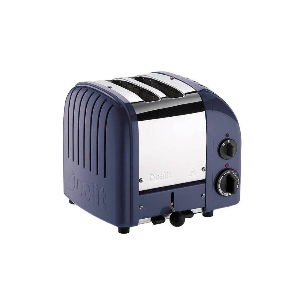 Lavender blue Dualit Classic Vario AWS toaster with two slots, stainless steel front, adjustable browning control, and a retro design featuring a ribbed exterior.