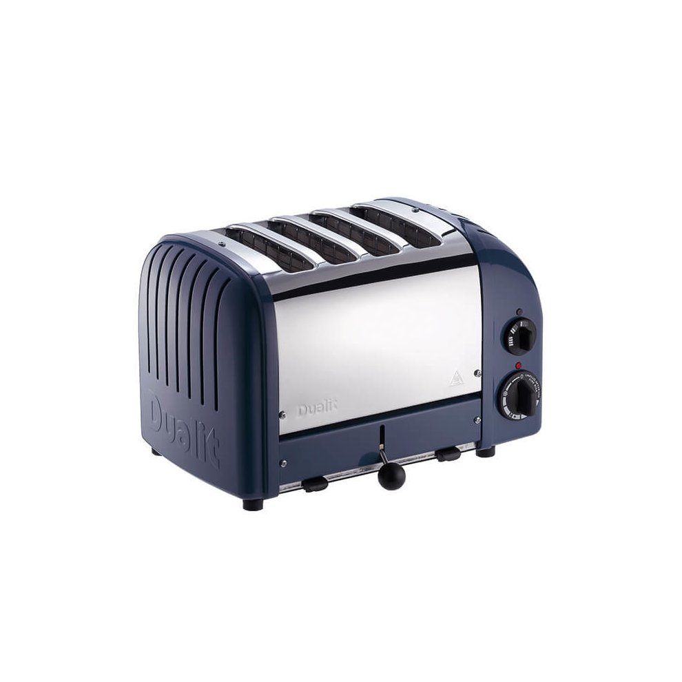 Lavender blue Dualit Classic Vario AWS toaster with four slots, polished stainless steel front, and a control dial on the side for browning settings.