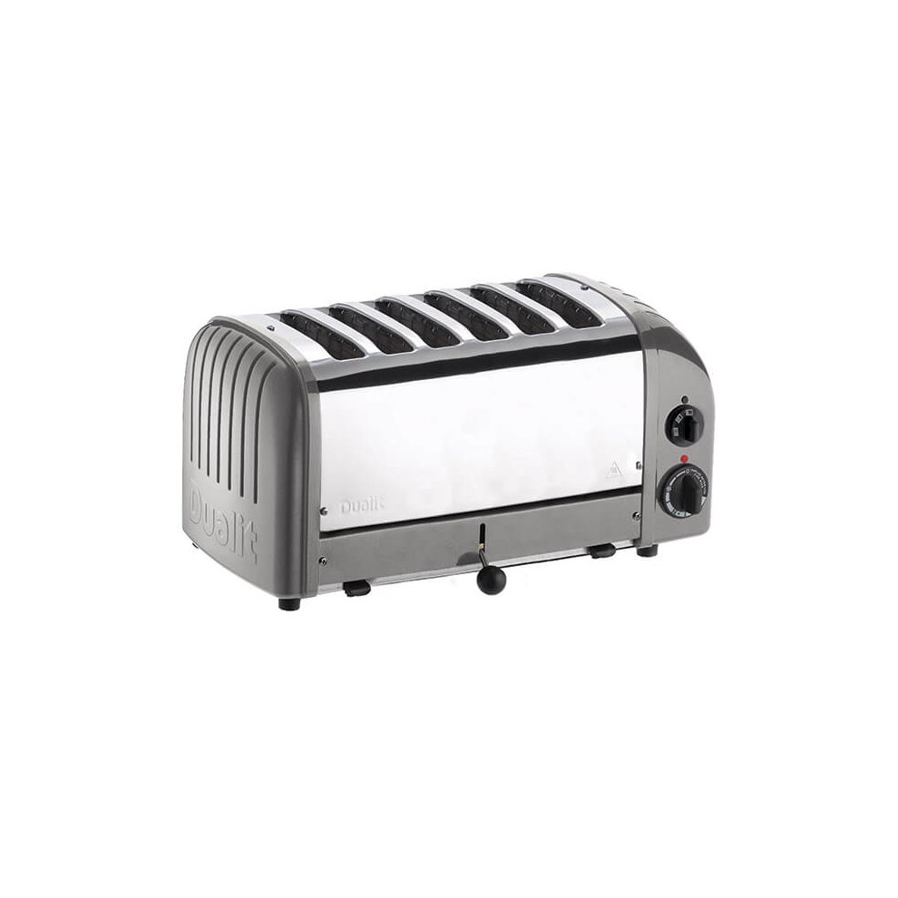 Metallic silver Dualit 6 Slice Vario Toaster features a sleek stainless steel body, six slots for toasting, a control dial, and a prominent crumb tray for easy cleaning.
