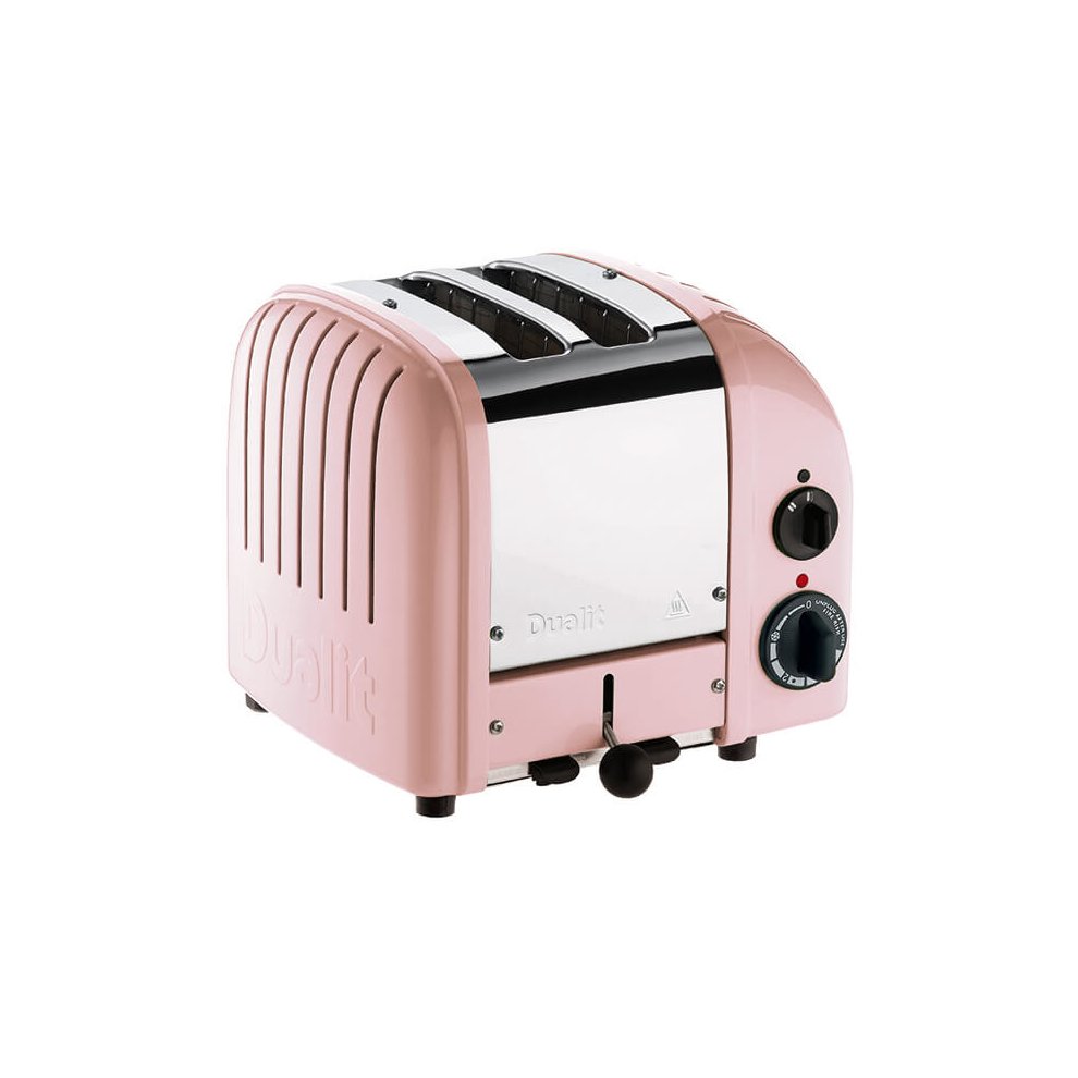 Dualit Classic Vario AWS toaster in petal pink with a stainless steel front, featuring two slots, a chrome lever, and a temperature control knob.