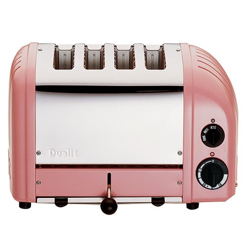 Dualit Classic Vario AWS toaster in petal pink with a polished chrome front, featuring four slots, a timer dial, and a lever for easy toast control.