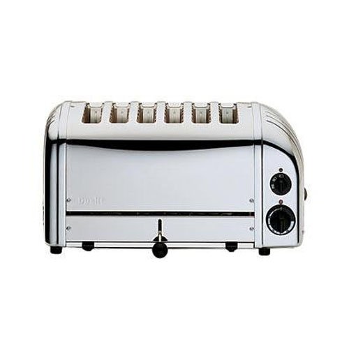 Stainless steel Dualit 6 Slice Vario Toaster 60144 featuring a polished finish, six slots, and adjustable browning controls on the side.