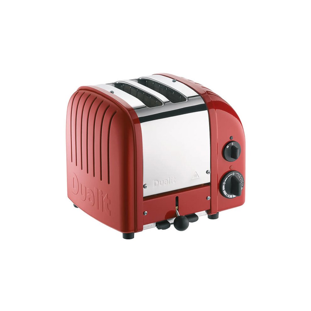 Red Dualit Vario AWS 2 Slice Toaster featuring a polished stainless steel front, two slots, a dial control, and a distinctive ribbed design on the sides.