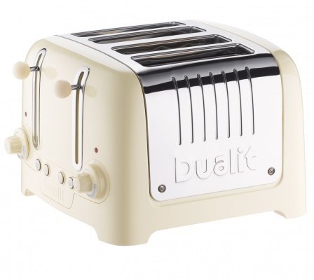 Cream-colored Dualit 4 Slice High Gloss Lite Toaster features a shiny chrome top, four slots, and control knobs for browning settings.