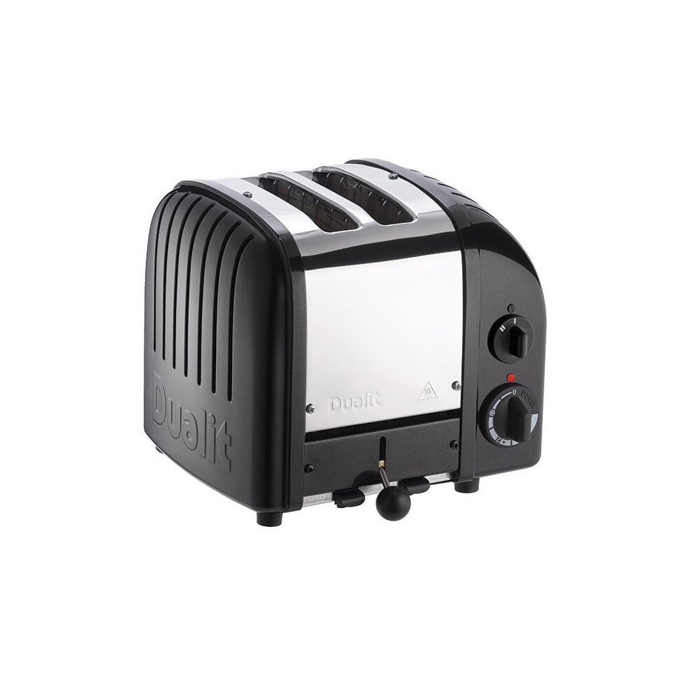 Black Dualit Vario AWS 2 Slice Toaster featuring a polished stainless steel front, adjustable browning control, and a classic design with a lever for manual operation.