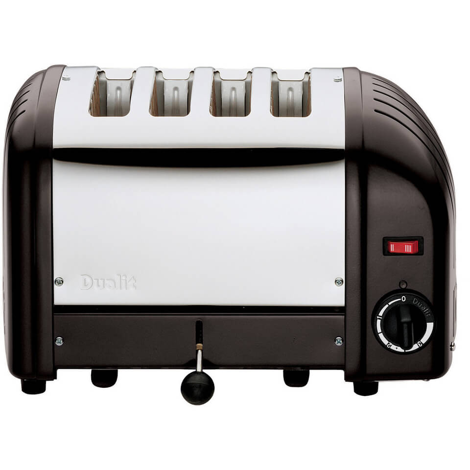Black and stainless steel Dualit Vario AWS 4 Slice Toaster featuring four slots, a control dial, a lever, and a red indicator light.