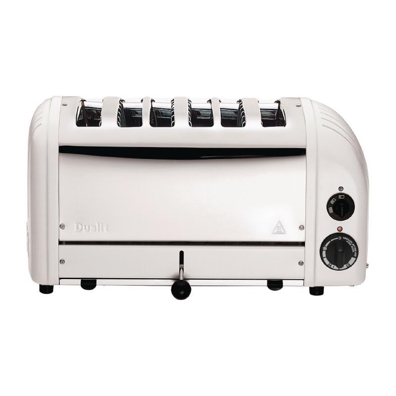 White Dualit 6 Slice Vario Toaster features a polished stainless steel front, six slots for toasting, a temperature control dial, and a crumb tray for easy cleaning.