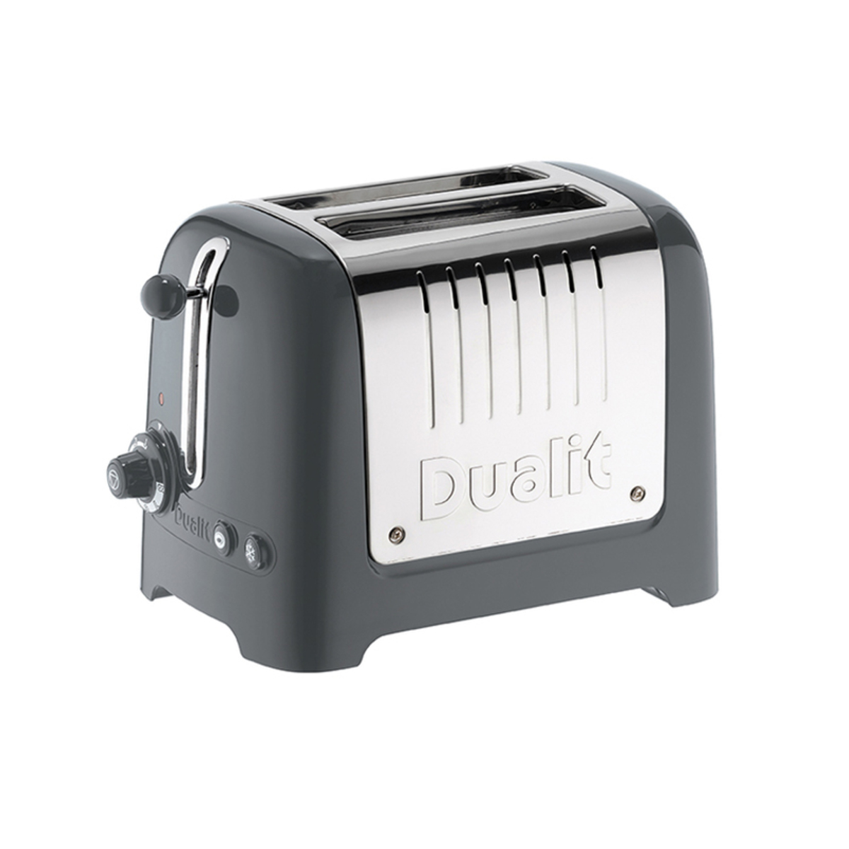 Grey Dualit 2 Slice Toaster Lite featuring a polished stainless steel front, a lever for toasting control, and a sleek, modern design.