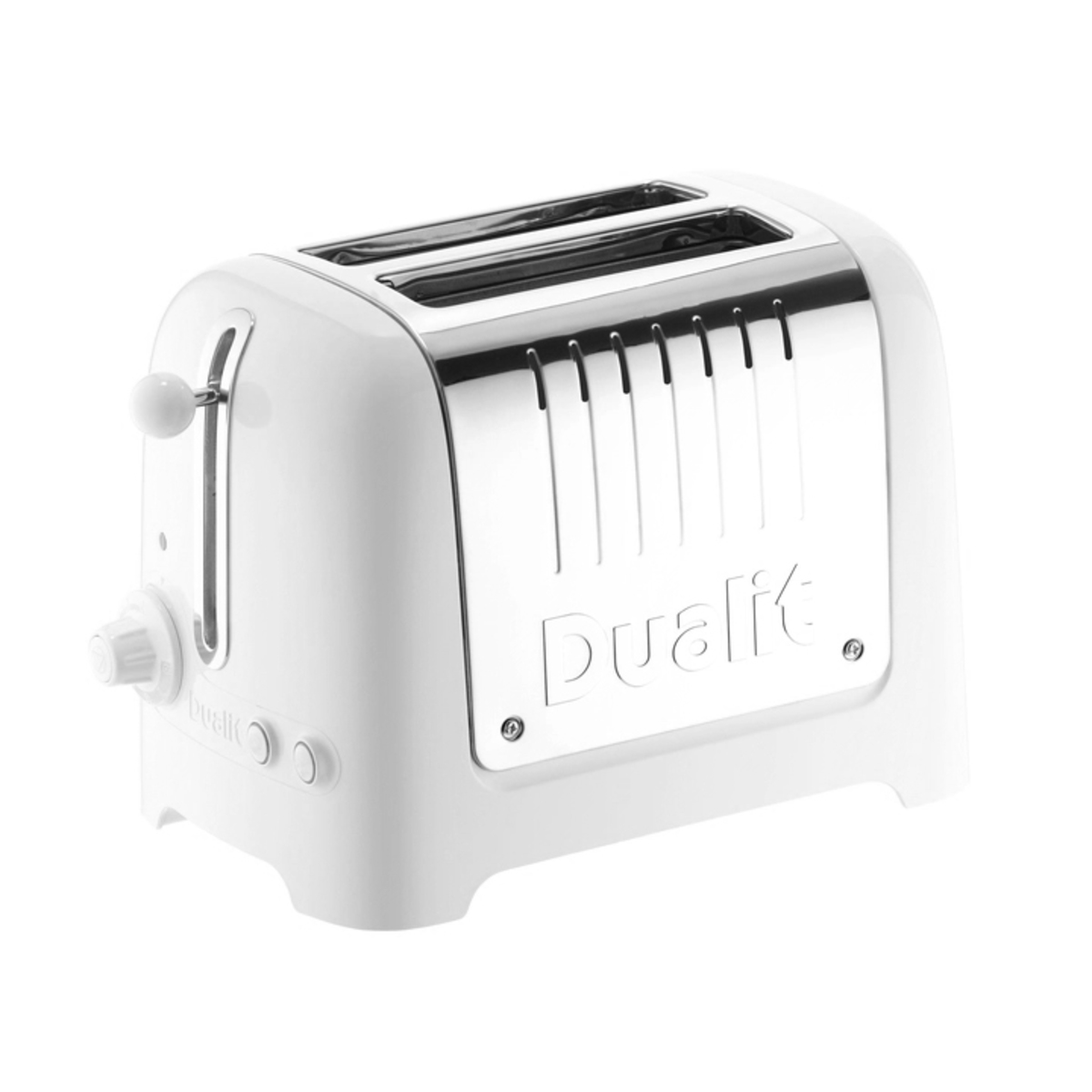 Gloss white Dualit 26203 Lite 2 slice toaster with a chrome front, featuring a lever, dial control, and a sleek, modern design.