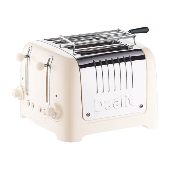 Canvas white Dualit 46263 Lite 4-slot toaster with a shiny chrome front, two control knobs, and a removable rack on top for warming items.