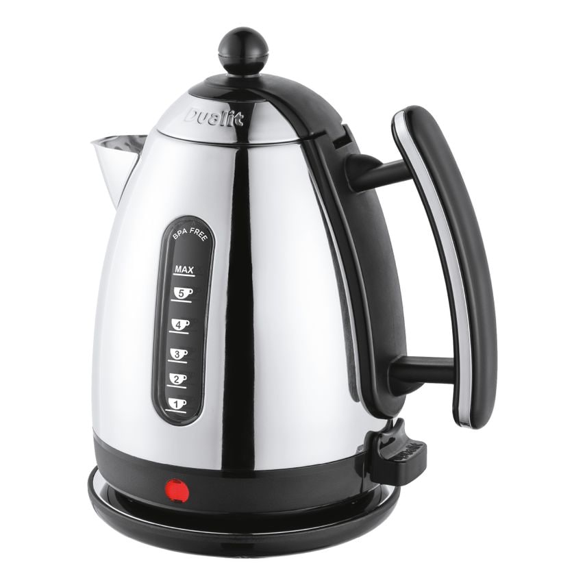 Black and polished stainless steel Dualit Lite Jug Kettle featuring a rounded design, a black handle, a water level indicator, and a red power light on the base.