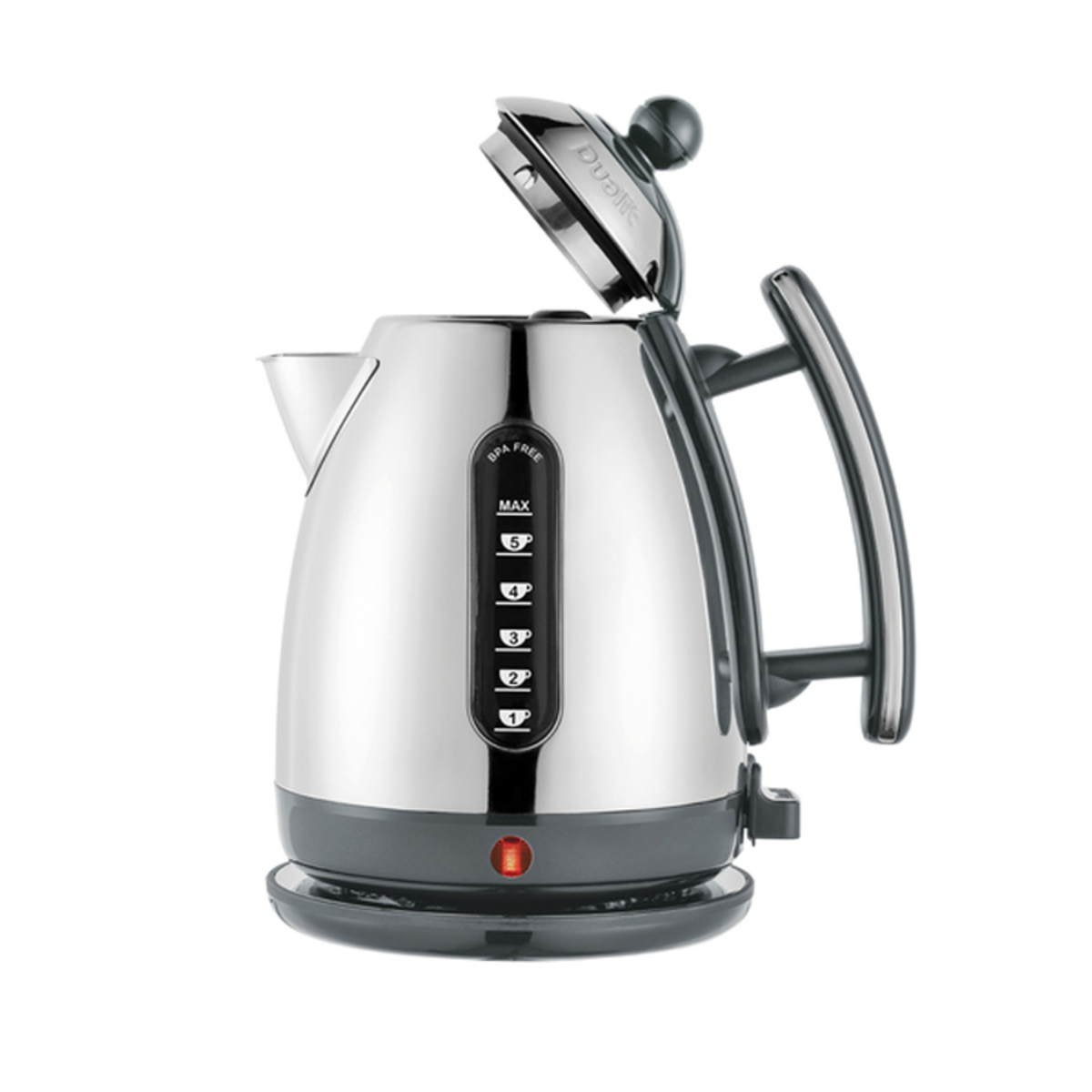 Sleek grey Dualit 72006 Lite 1.5L jug kettle with a polished stainless steel body, black handle, and a visible water level indicator on the side.