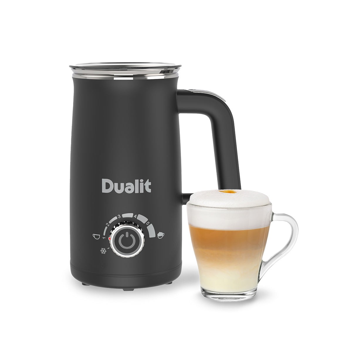 Black stainless steel milk frother with a sleek design, featuring a control dial and a glass cup displaying layered frothed milk and coffee.