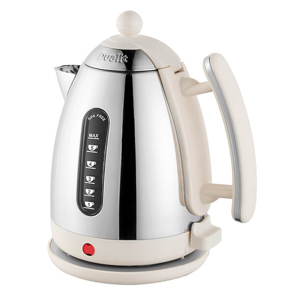 White and stainless steel kettle with a rounded shape, a prominent handle, a water level indicator, and a red power button on the base.