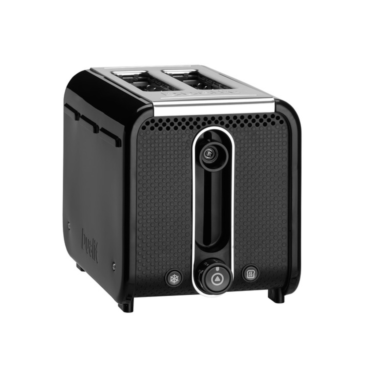 Black Dualit toaster featuring a sleek design with a stainless steel top, two slots, a control knob, and a textured finish for grip.