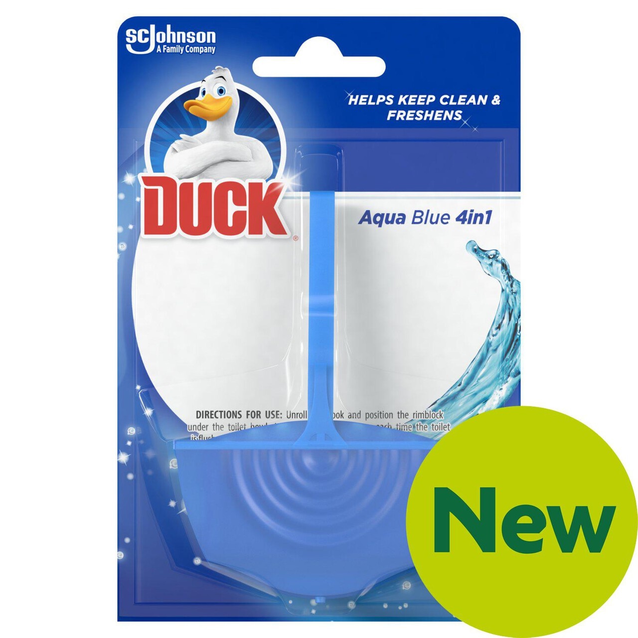 Aqua blue toilet rim block packaged in a blue card with a white duck logo, featuring a clear window to show the product, labeled "New" in green.