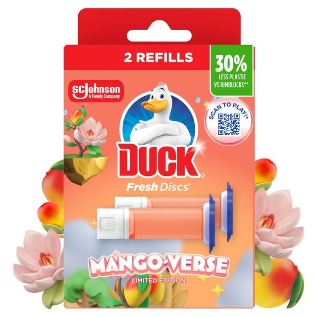 Brightly colored packaging featuring two refill discs in orange and blue, labeled "Duck Fresh Discs Duo Refills Mango-verse," with floral accents and a QR code for scanning.