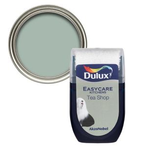 Dulux Easycare Kitchen Tea Shop Flat Matt Emulsion Paint tester pot in a 30ml container, featuring a soft green color with a glossy silver lid.
