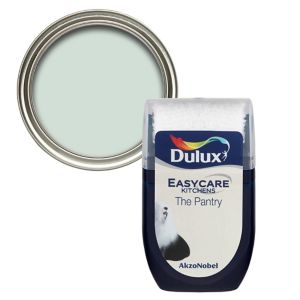 Dulux Easycare Kitchen the Pantry Flat Matt Emulsion Paint tester pot in a 30ml container, featuring a light green color and a sleek, modern design with a silver lid.