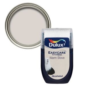 Dulux Easycare Kitchen Warm Stove Flat Matt Emulsion Paint in a 30ml tester pot, featuring a sleek design with a white lid and a label showcasing the brand and color name.