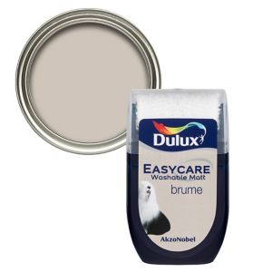 Dulux Easycare Brume Flat Matt Emulsion Paint tester pot, 30ml, featuring a soft grey color with a smooth finish, accompanied by a metal lid revealing the paint inside.