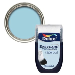 Dulux Easycare Cape Cod Flat Matt Emulsion Paint tester pot, featuring a light blue color and a silver lid, with a label displaying the brand and product details.