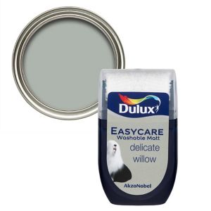 Dulux Easycare Delicate Willow flat matt emulsion paint tester pot in a 30ml container, featuring a soft green color with a glossy silver lid and a label displaying the brand name and product details.