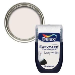 Dulux Easycare Ivory White Flat Matt Emulsion Paint in a 30ml tester pot, featuring a clear label with color name and a round metal lid.