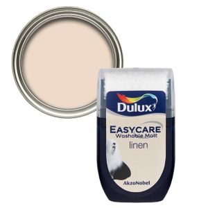 Dulux Easycare Linen Flat Matt Emulsion Paint in a 30ml tester pot, featuring a soft beige color with a smooth finish, packaged in a clear plastic container with a silver lid.