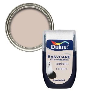 Dulux Easycare Parisian Cream flat matt emulsion paint in a 30ml tester pot, featuring a soft beige color and a clear lid, with branding prominently displayed on the front.