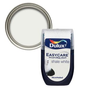 Dulux Easycare Shale White flat matt emulsion paint in a 30ml tester pot, featuring a clear label with color name and a silver paint can lid.