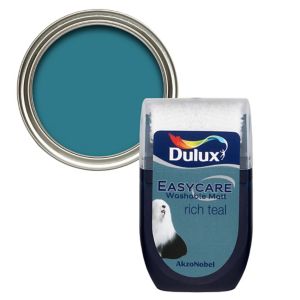 Dulux Easycare Rich Teal flat matt emulsion paint in a 30ml tester pot, featuring a vibrant teal color with a glossy metal lid and a label showing the brand and product details.