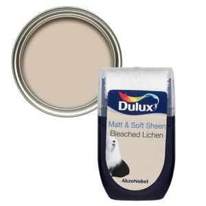 Dulux Bleached Lichen Vinyl Matt Emulsion Paint in a 30ml tester pot, featuring a soft beige color with a matte finish and a clear lid, showcasing the paint's smooth texture.