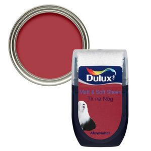 Dulux Tir Na Nog Vinyl Matt Emulsion Paint in a 30ml tester pot, featuring a deep red color with a matte finish, housed in a clear plastic container with a silver lid.