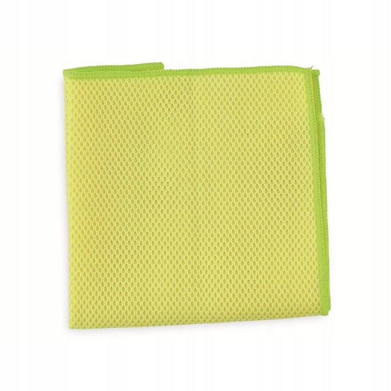 Yellow microfiber cloth with a textured mesh design and green trim, designed for removing insects from vehicles.