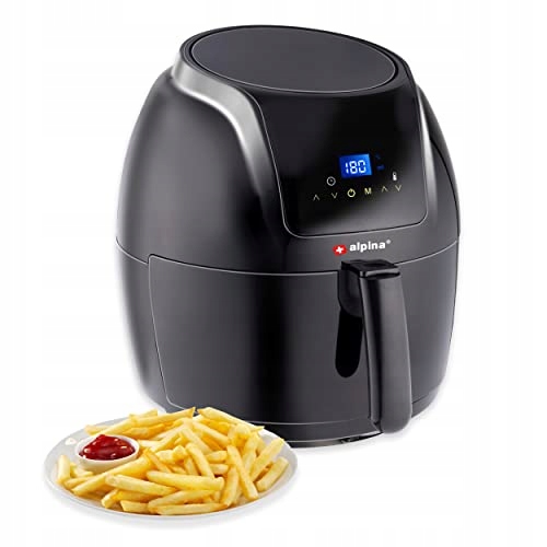 Black air fryer with a digital display, featuring a temperature control panel, a handle, and a side plate with golden French fries and ketchup.